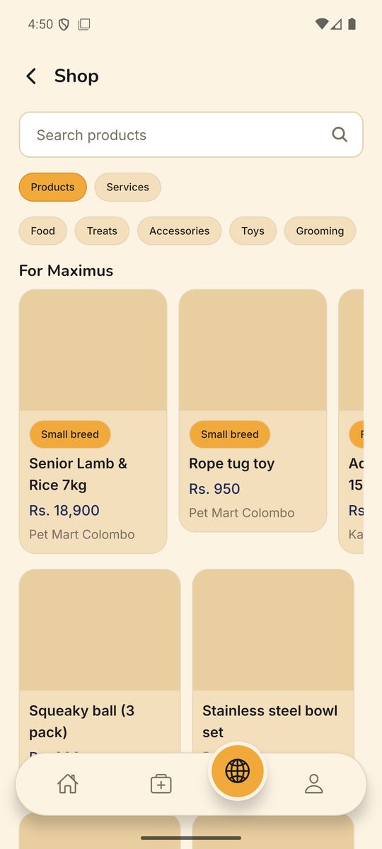 The shop with product categories and a row of products chosen for a particular pet.